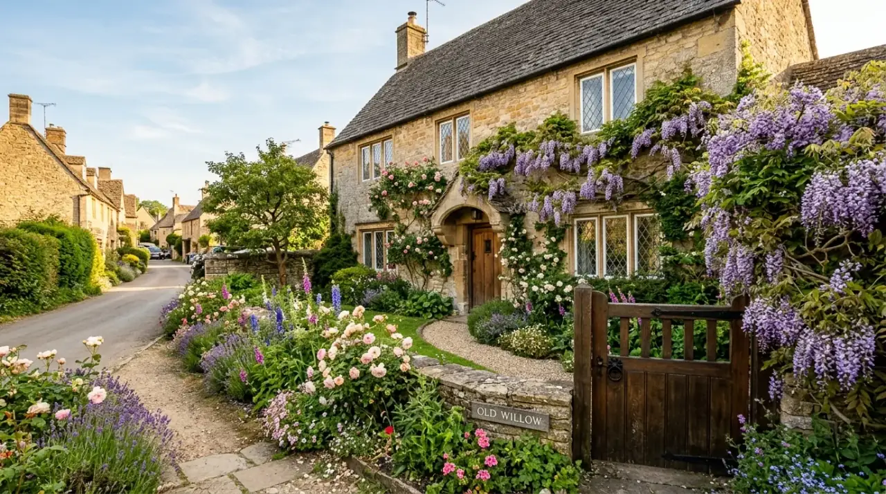 A traditional British stone cottage and wooden garden gate along a sunlit lane