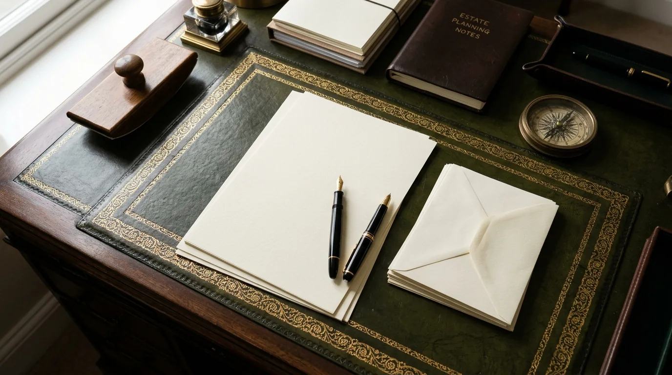 Overhead view of a British study desk with a leather blotter, fountain pen, brass compass and cream estate stationery