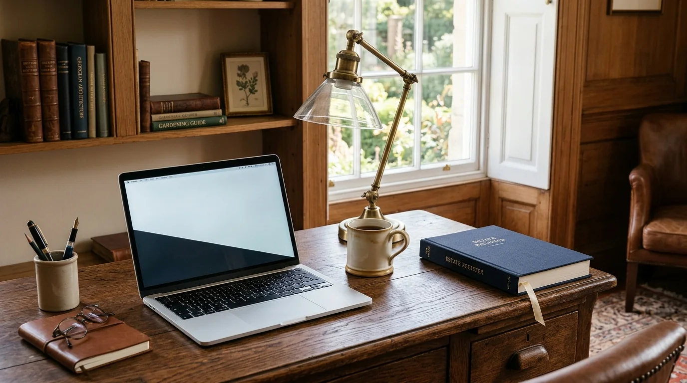 A tidy Georgian home study desk with a laptop, navy linen-bound trust register book and warm brass lamp