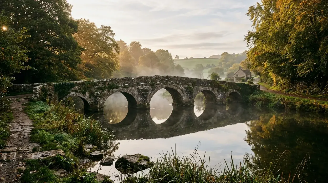 A classic British stone arch bridge spanning a calm river in soft morning mist and golden light