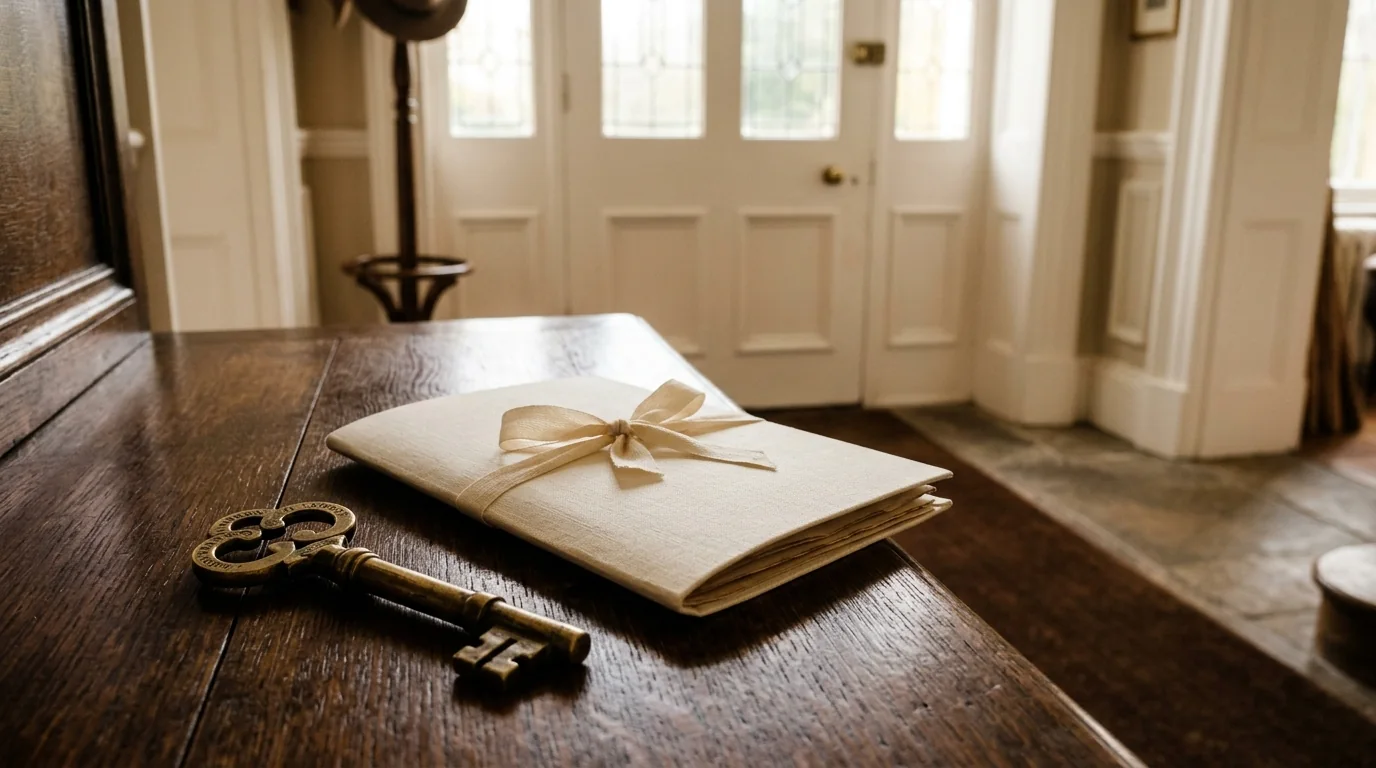 An antique brass front-door key and ribbon-tied estate document folder on an oak console table in a sunlit British hallway