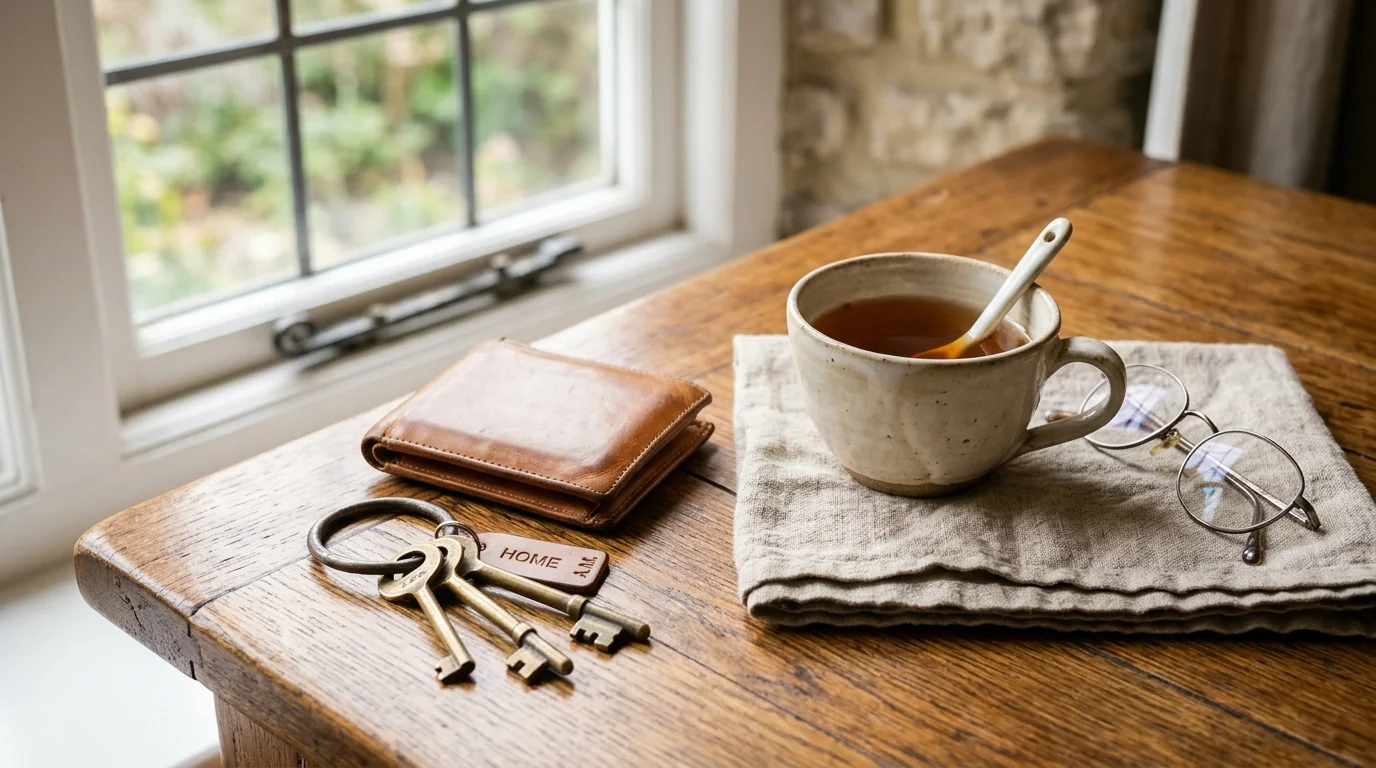 Household keys and a leather wallet beside a warm ceramic teacup and spectacles on a British timber table