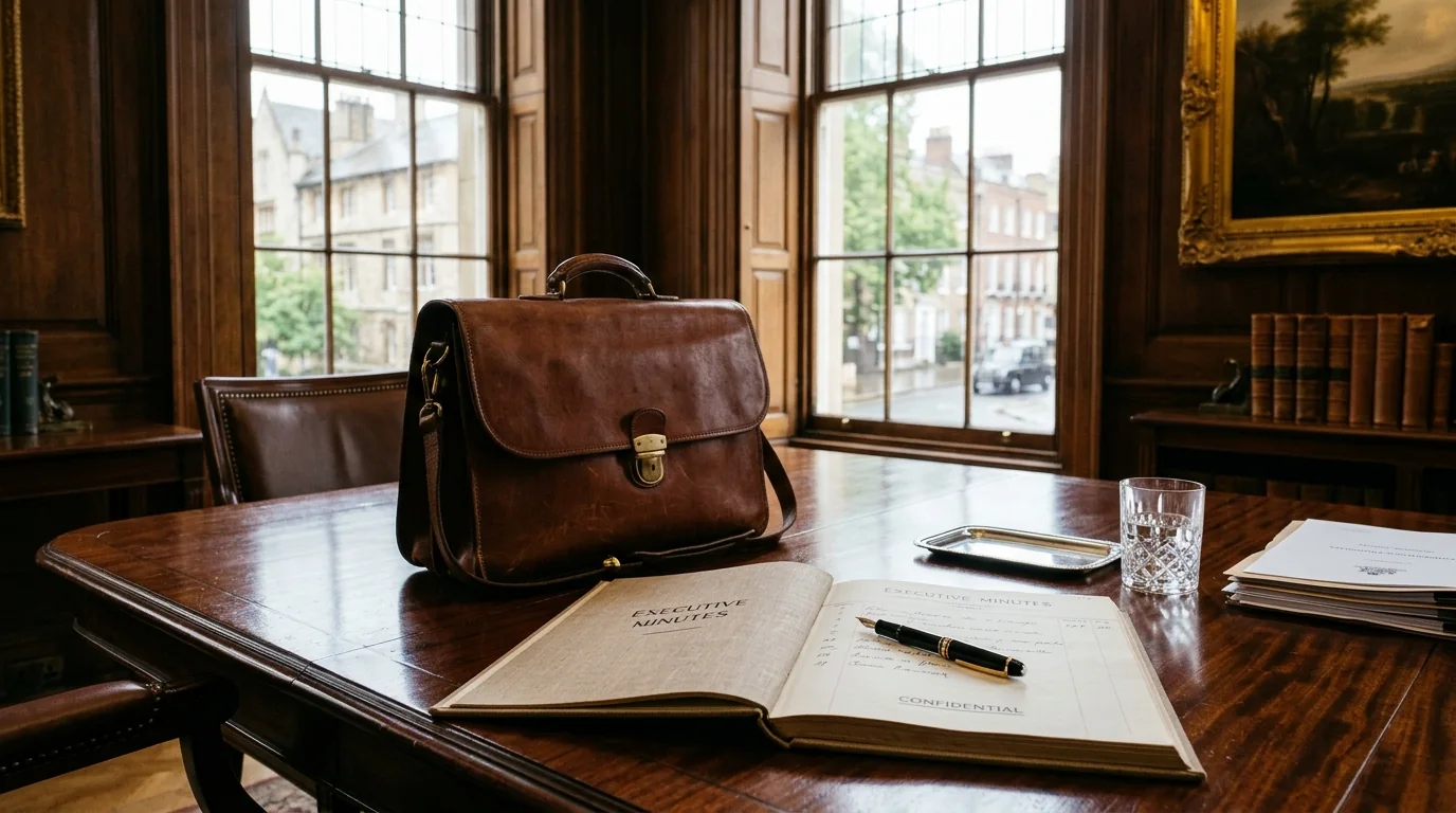A leather briefcase, fountain pen and company ledger on a polished table by a tall Georgian sash window
