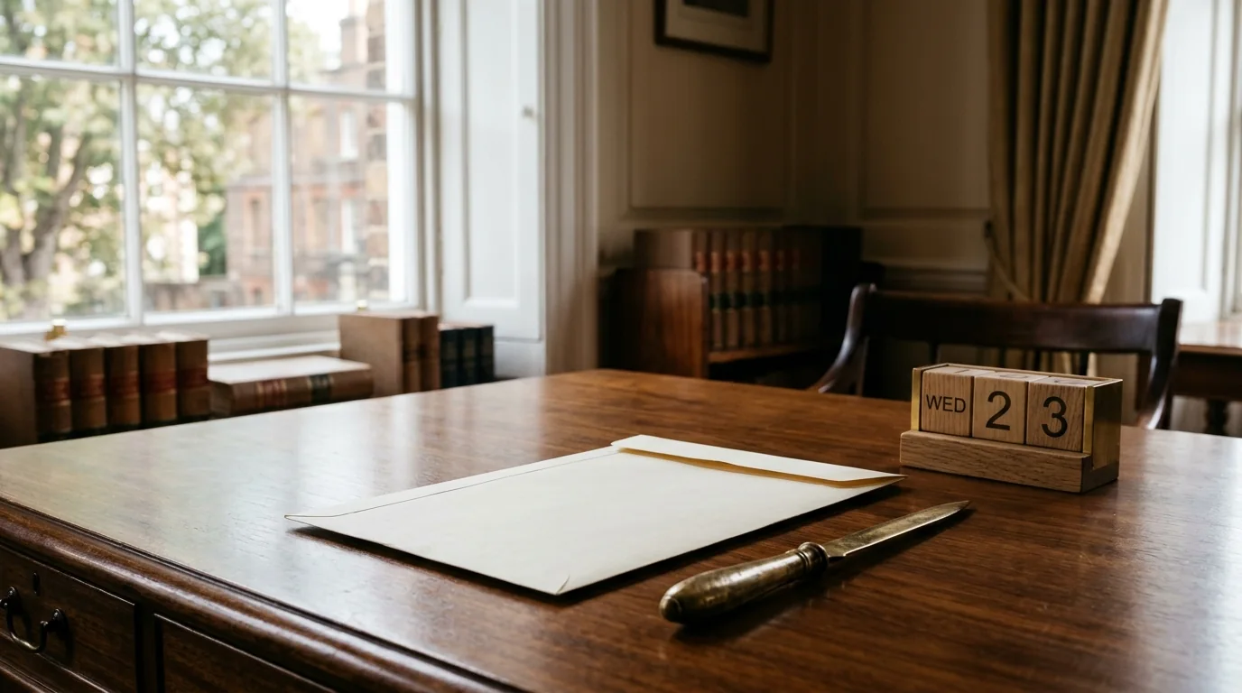 An official registration envelope, brass letter opener and desk calendar on a walnut desk in natural daylight