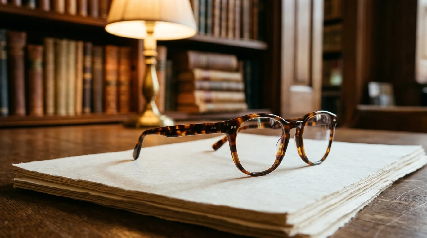 Tortoiseshell reading glasses resting on cotton paper legal documents beside a warm brass desk lamp in a library