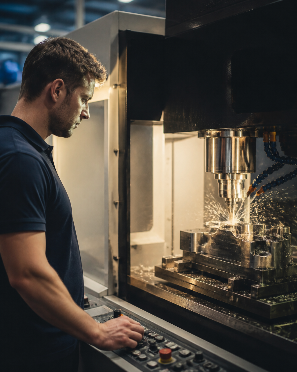 An engineer operating a CNC machine in a manufacturing facility