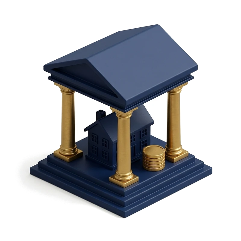 Trusts — 3D navy and brass architectural vault pediment sheltering a British family home and estate medallions