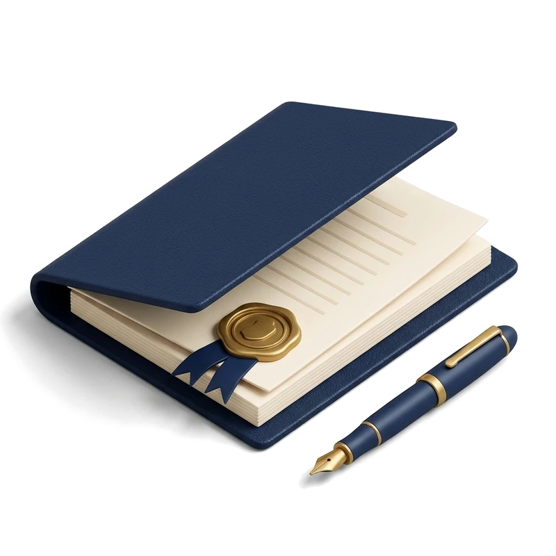 Will Writing — 3D navy and brass testament folio with wax seal and fountain pen