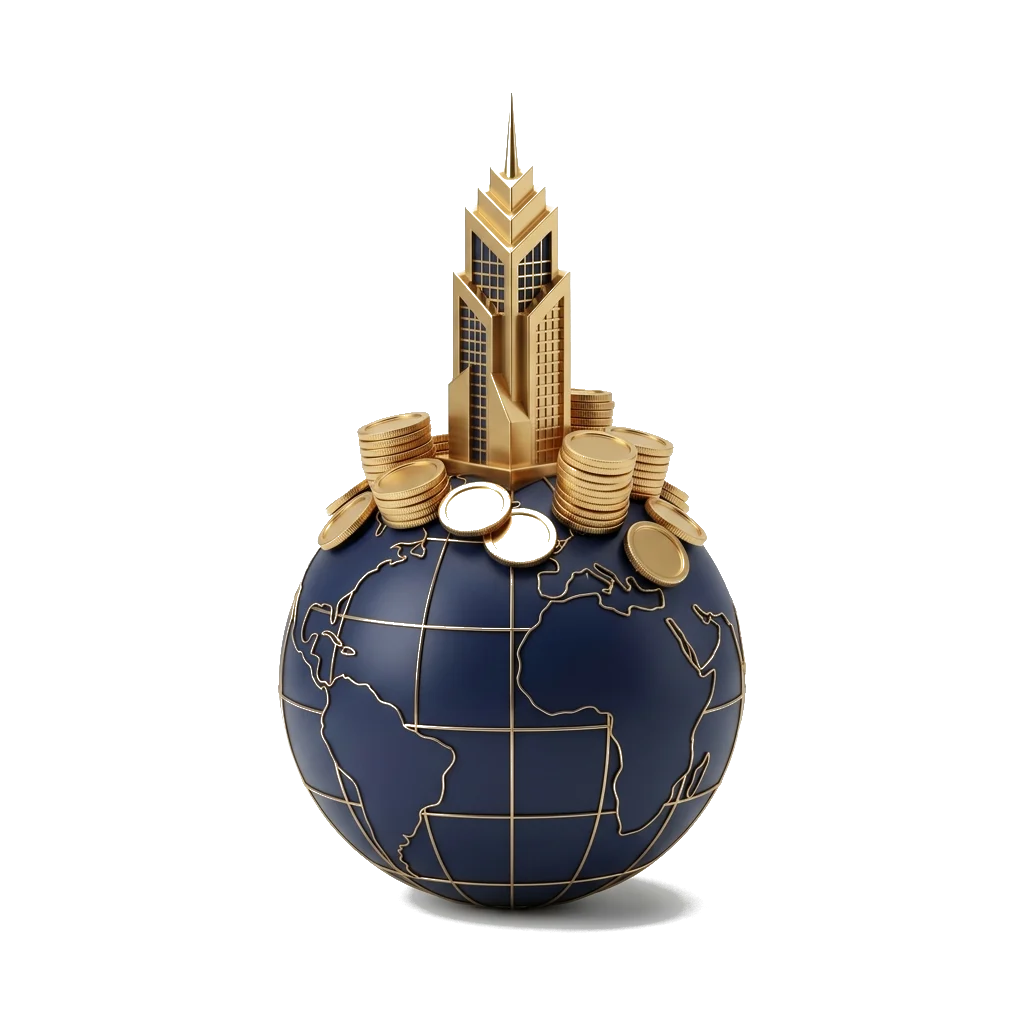 Navy and gold 3D illustration of a globe and modern infrastructure project architecture