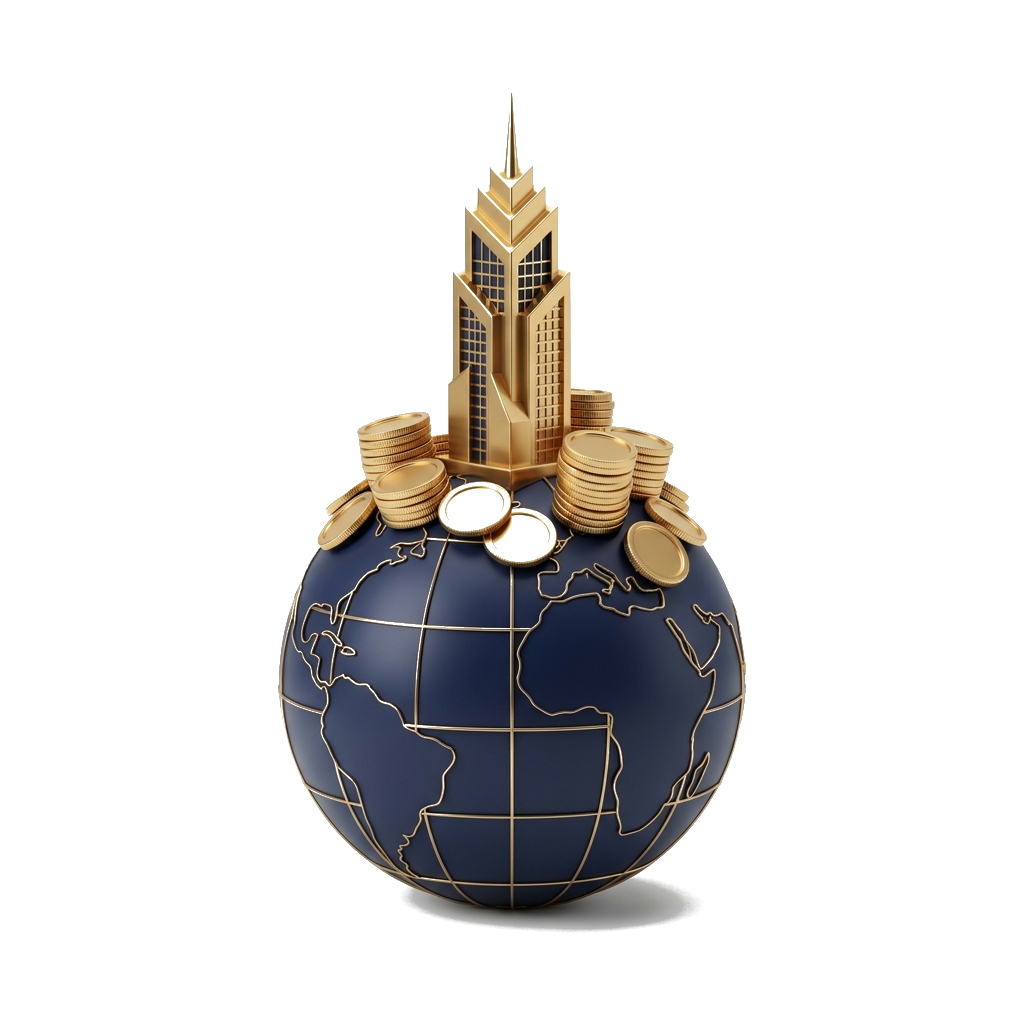 Navy and gold 3D illustration of a globe and modern infrastructure project architecture