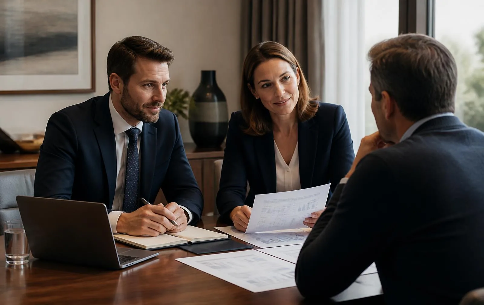 Finance advisers reviewing funding documents with a business owner