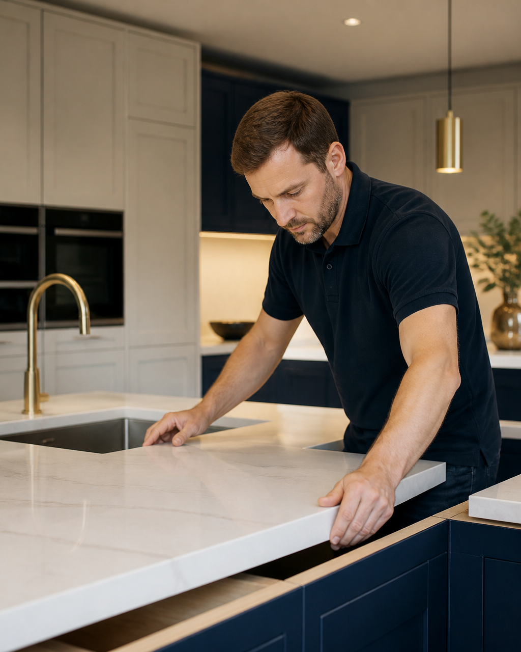A joinery professional fitting a high-end kitchen worktop