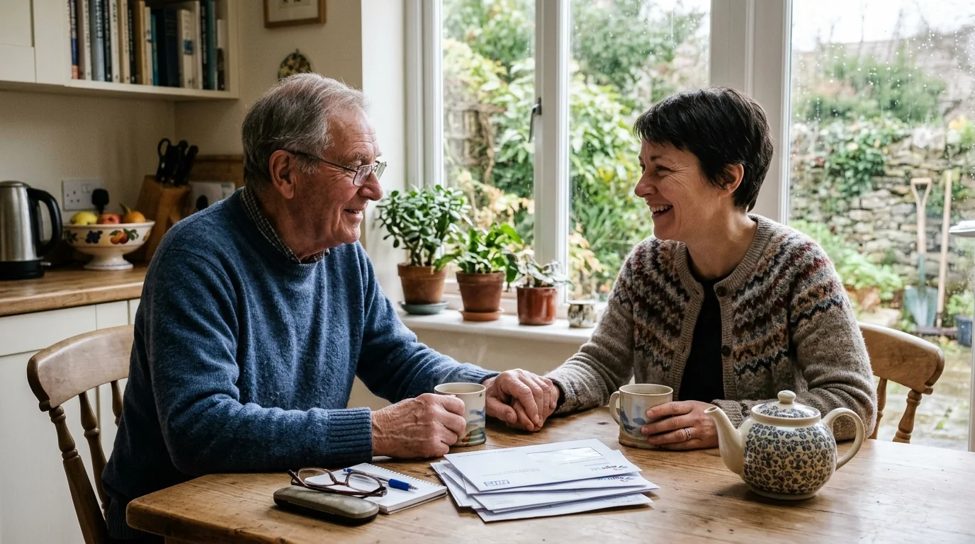 An adult daughter and her father having a reassuring conversation over tea at a bright British kitchen table with official correspondence