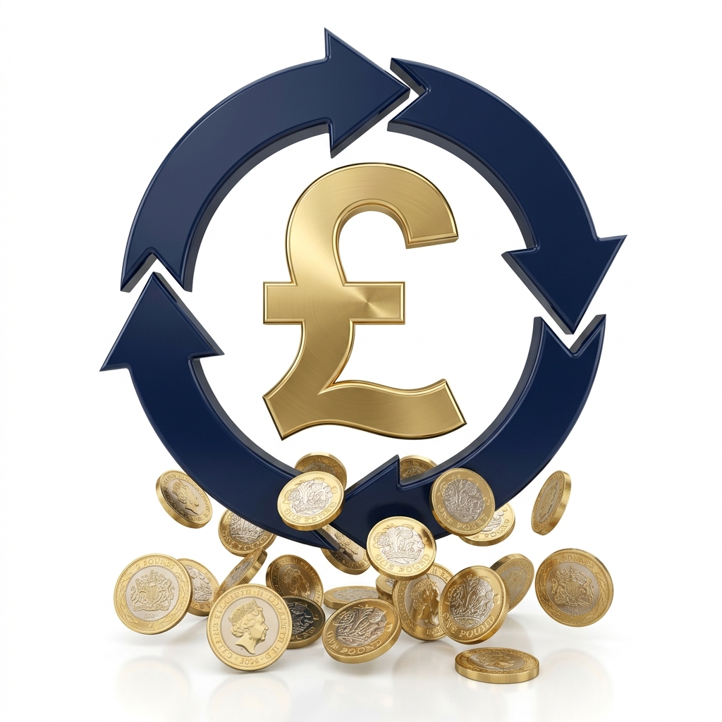 Navy and gold 3D illustration featuring a British Pound (£) symbol and financial restructuring arrows