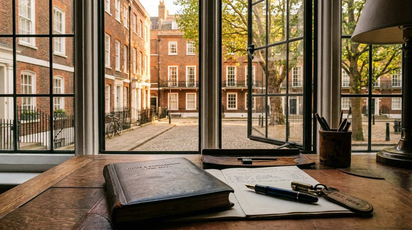 An oak study desk with a leather ledger, brass house key and fountain pen overlooking a classic British residential square at golden hour