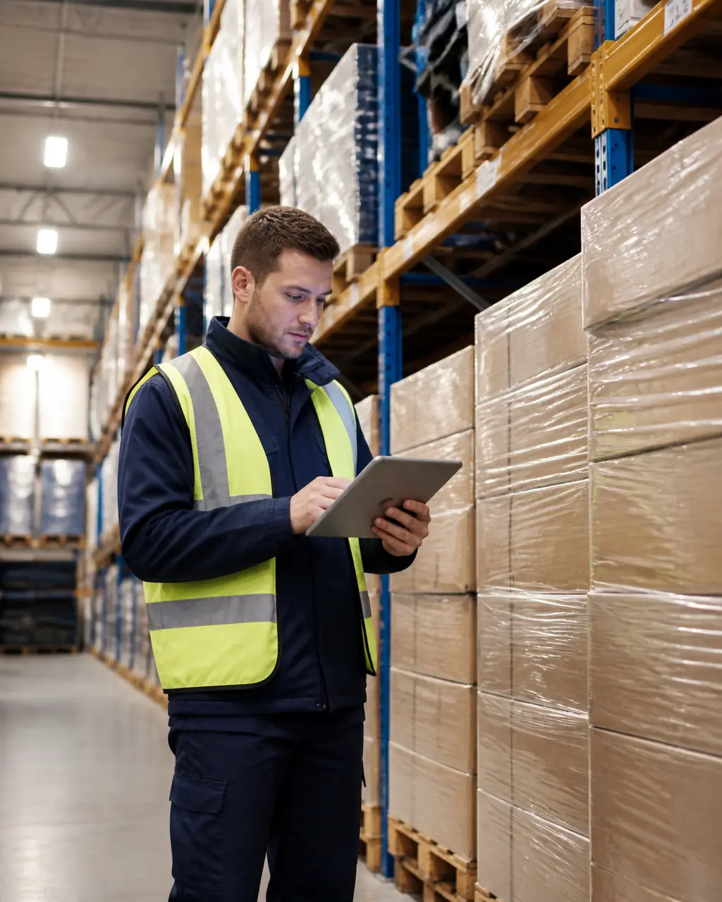 A warehouse manager checking inventory on a tablet