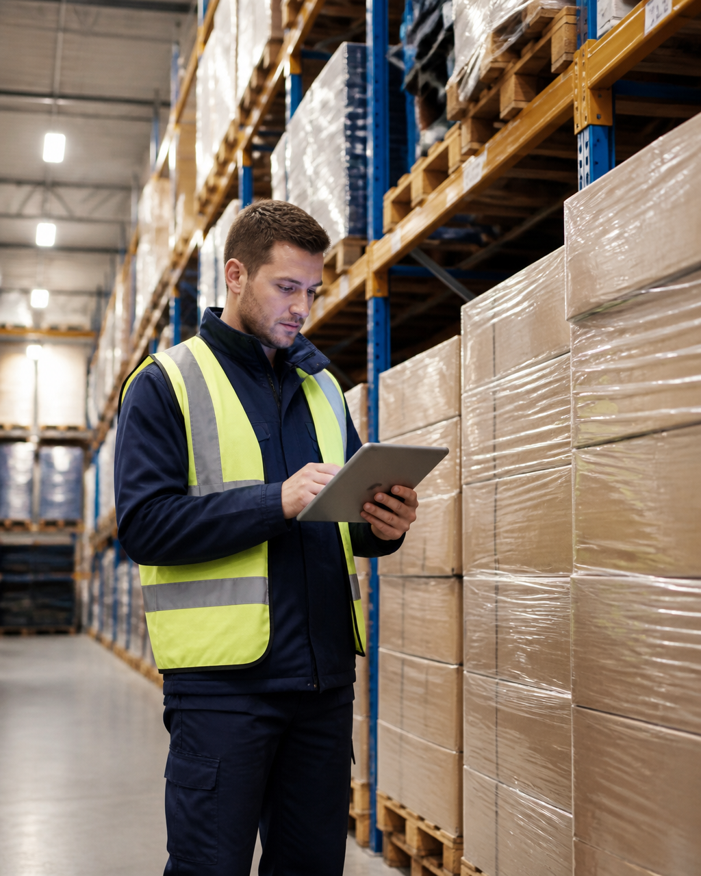 A warehouse manager checking inventory on a tablet