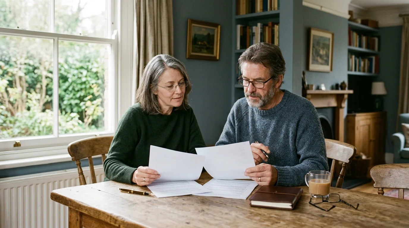 A couple in a sunlit British home reviewing printed will documents together at a timber table with a fountain pen and notebook