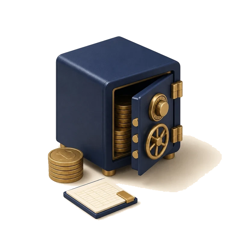 Navy and gold illustration of a safe with coins and a ledger